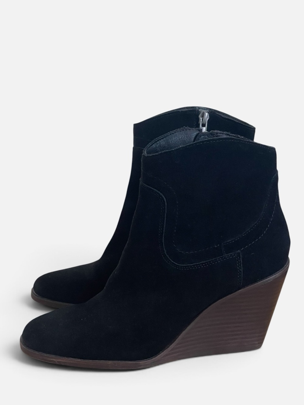 Lucky Brand Wadier Black Suede Wedge Heel Ankle Booties Western Boots Sz 7.5